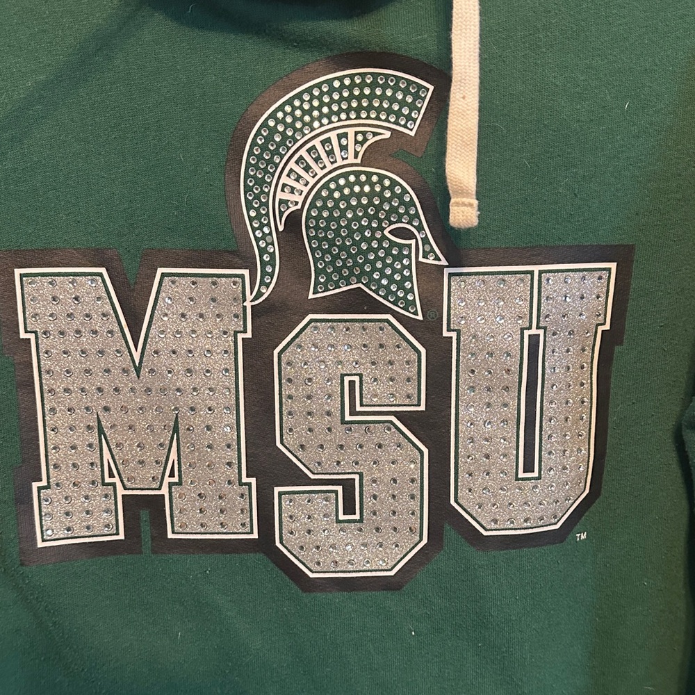 PINK Victoria's Secret MSU Green Hoodie with White Sleeves - Picture 2 of 7
